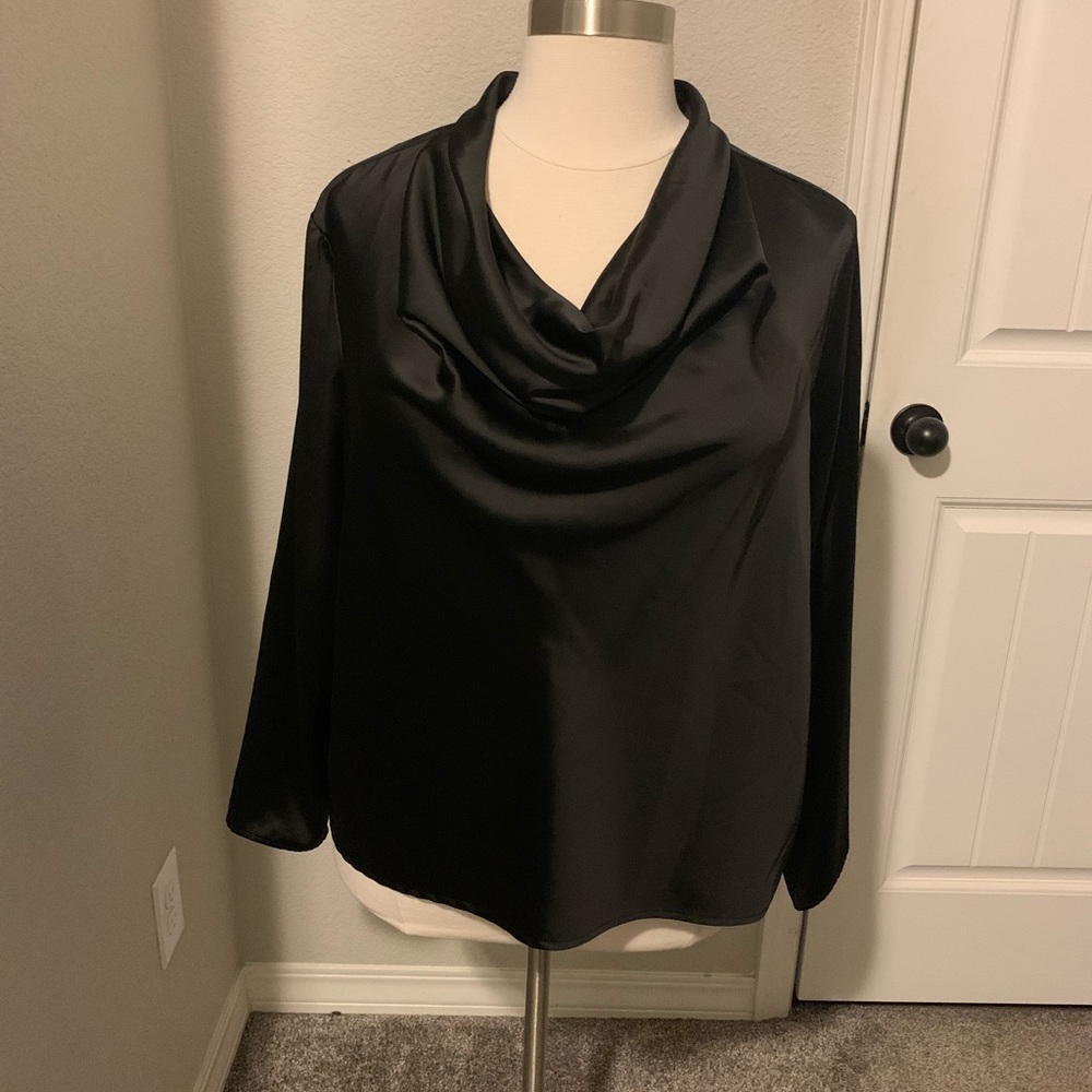 T-37 Worthington Sophisticated Black Satin Cowl Neck Blouse
